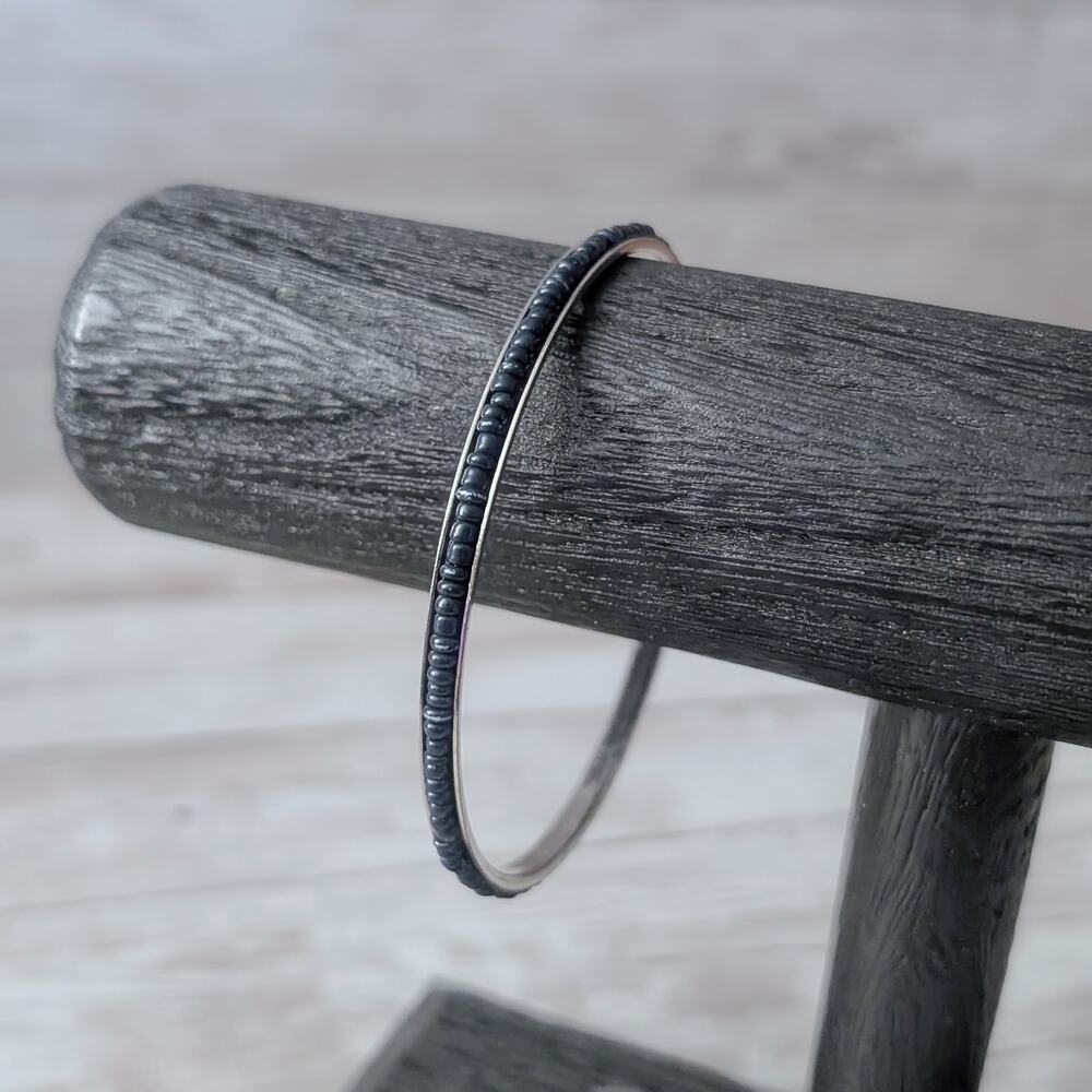 Vintage Bracelet Bangle - Dark Seed Beads on Metal 8.5"